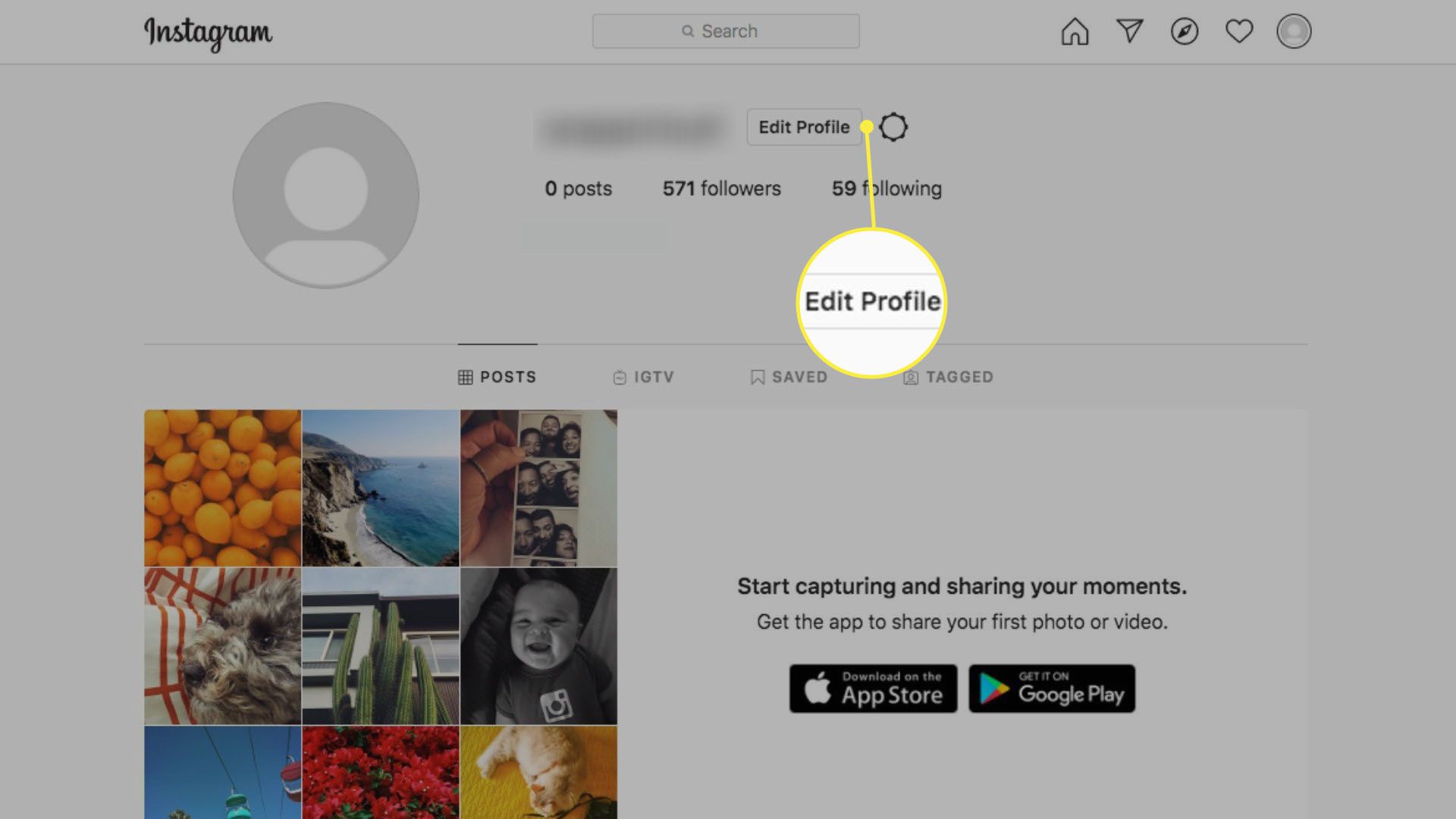 Profil Instagramu na webu se zvýrazněným Upravit profil.