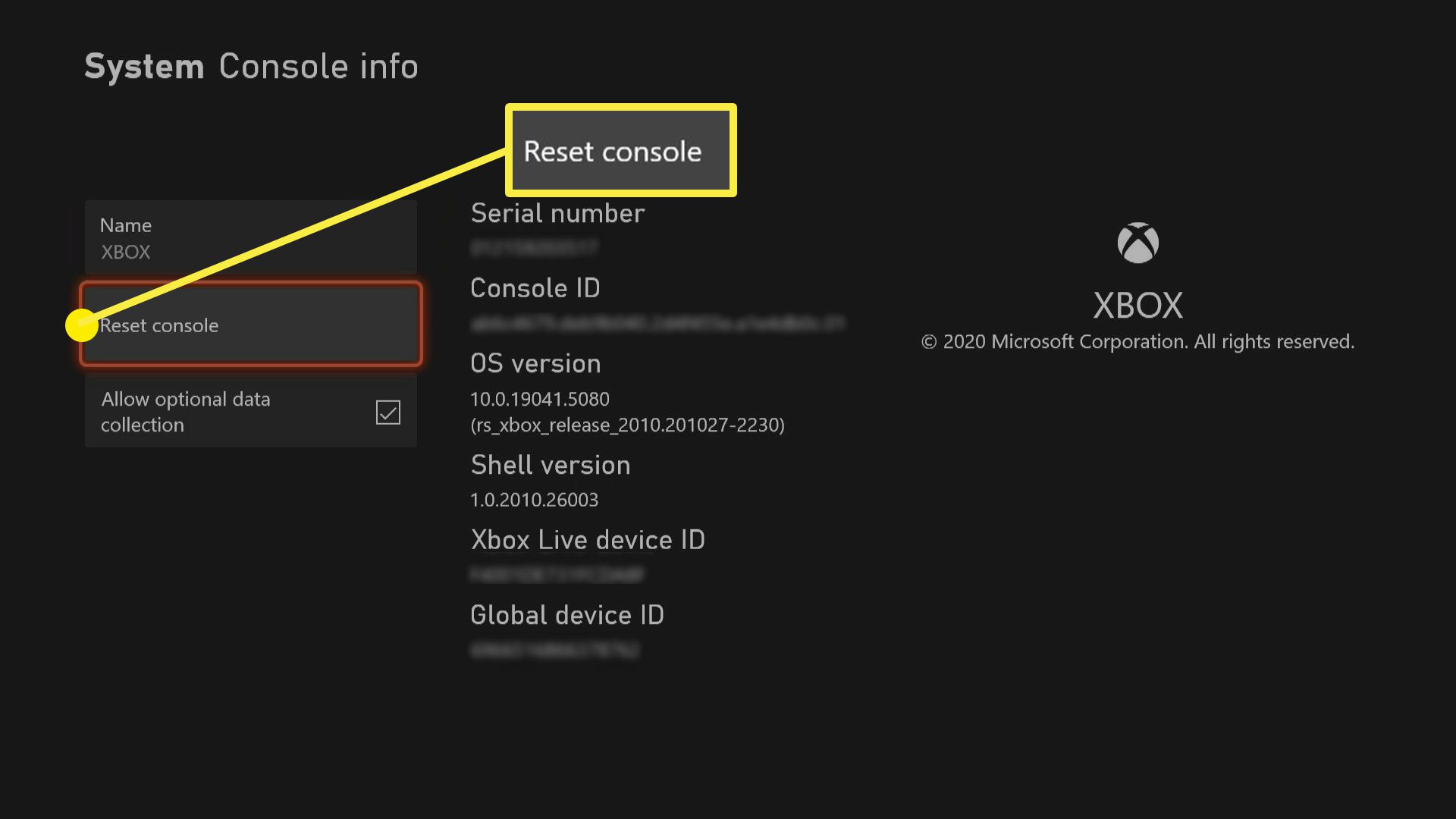 Snímek obrazovky s informacemi o systémové konzole pro Xbox Series X / S.