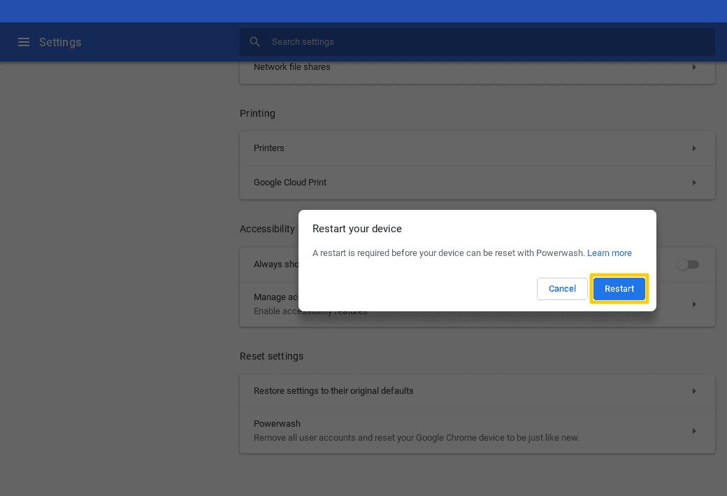 Snímek obrazovky Chromebooku Powerwash Dialogové okno Restartujte zařízení