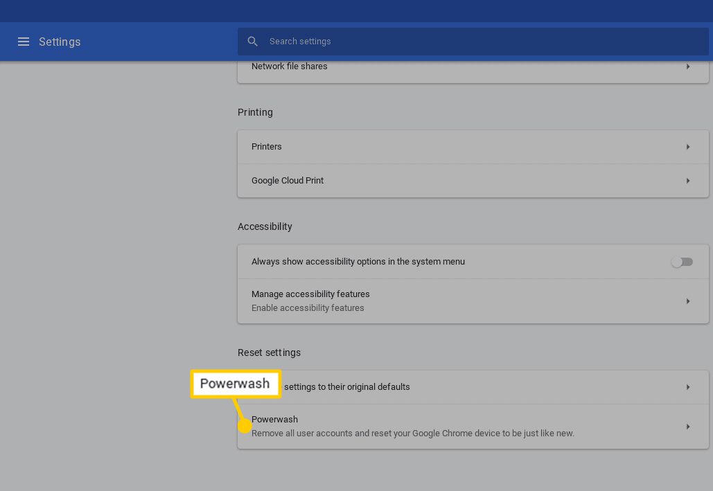 Umístění možnosti Powerwash v rozšířeném nastavení Chromebooku.