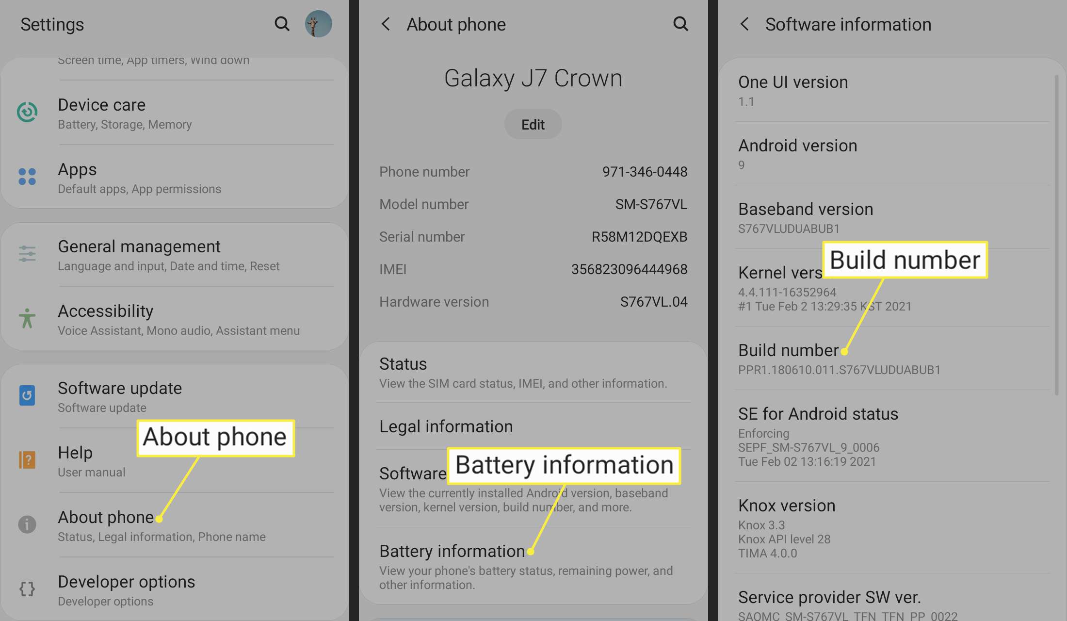 V nastavení systému Android jsou zvýrazněny informace o telefonu, informacích o baterii a čísle sestavení