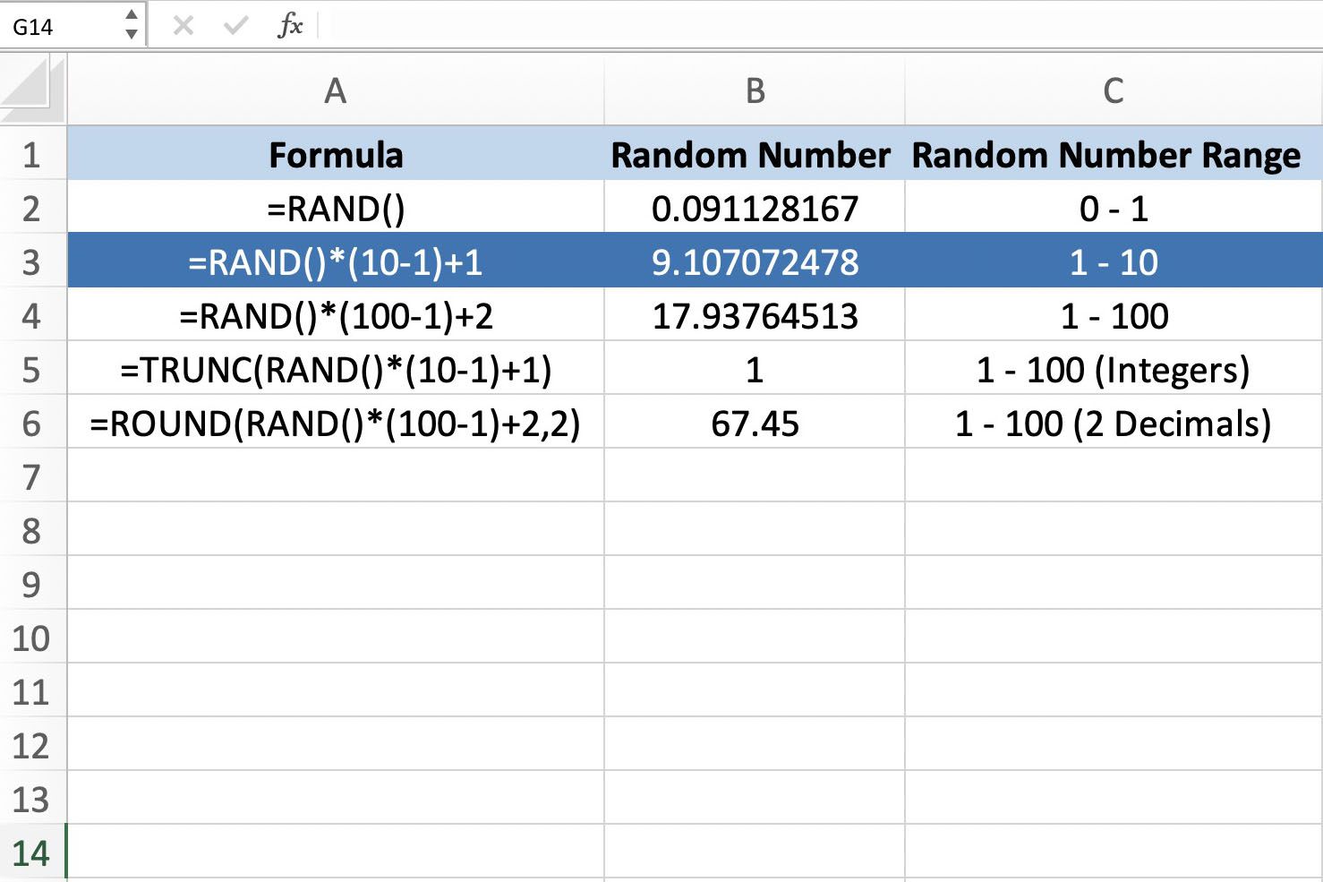 Screenshot aplikace Excel zobrazující rozsah funkcí RAND 1-10