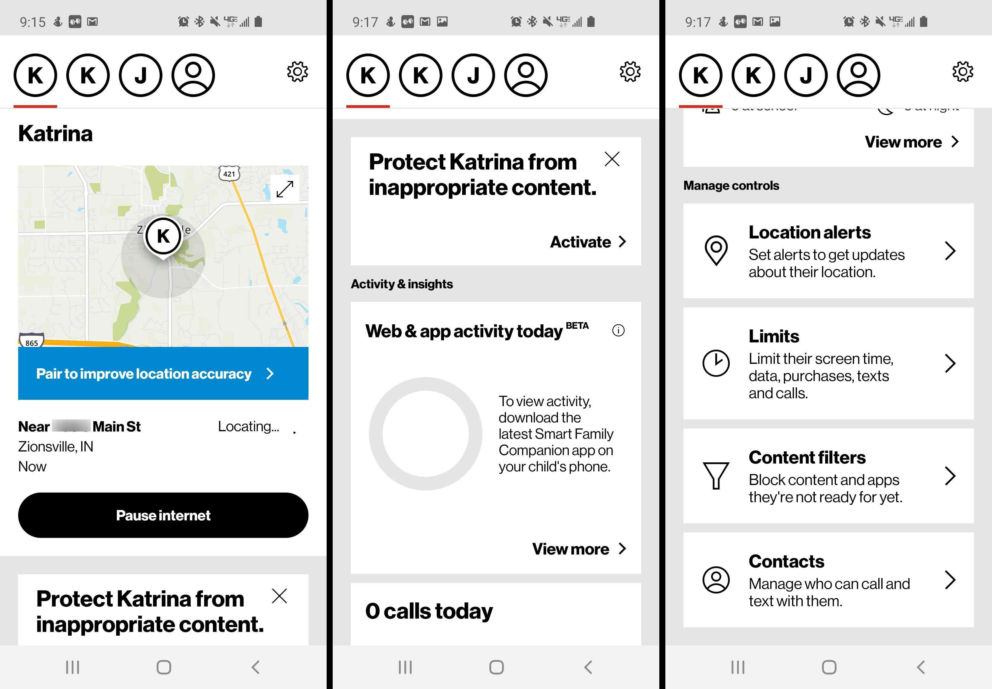 Screenshot rodičovské kontroly v aplikaci Verizon