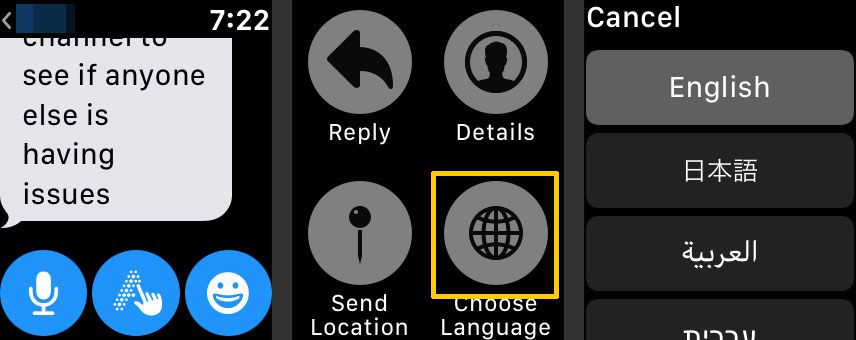 Výběr jazyka ve Zprávách na Apple Watch