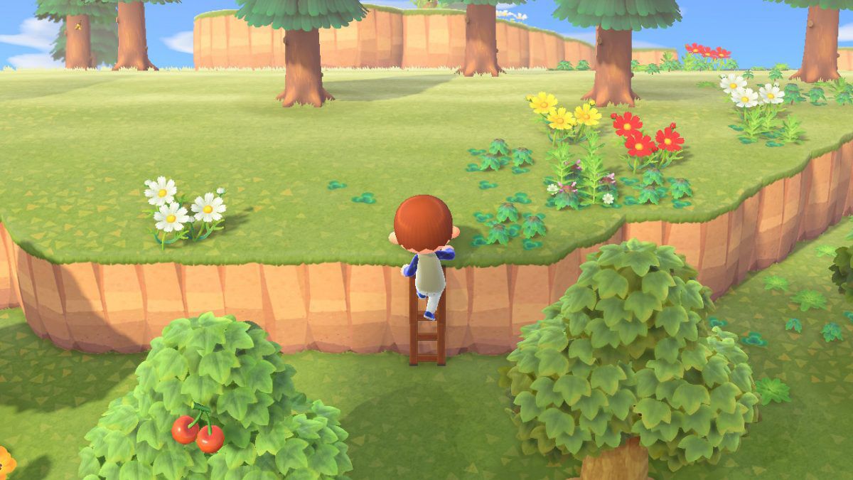 Použití žebříku ve hře Animal Crossing: New Horizons.