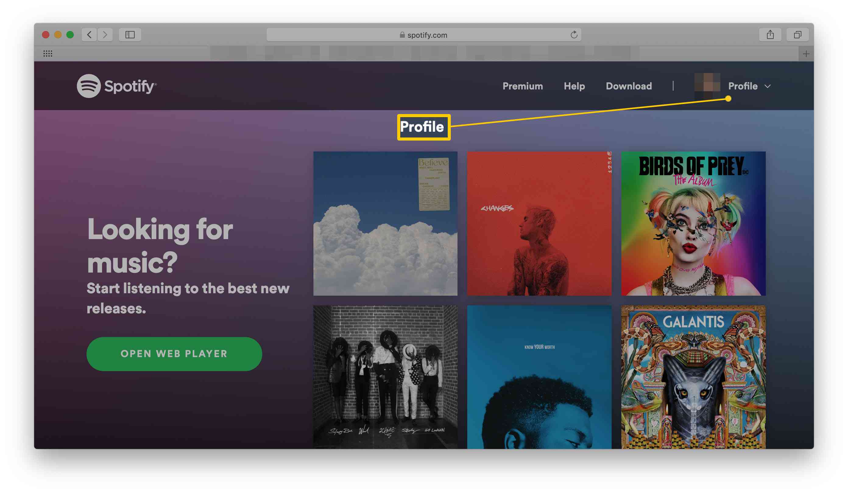 Domovská stránka Spotify se zvýrazněným profilem