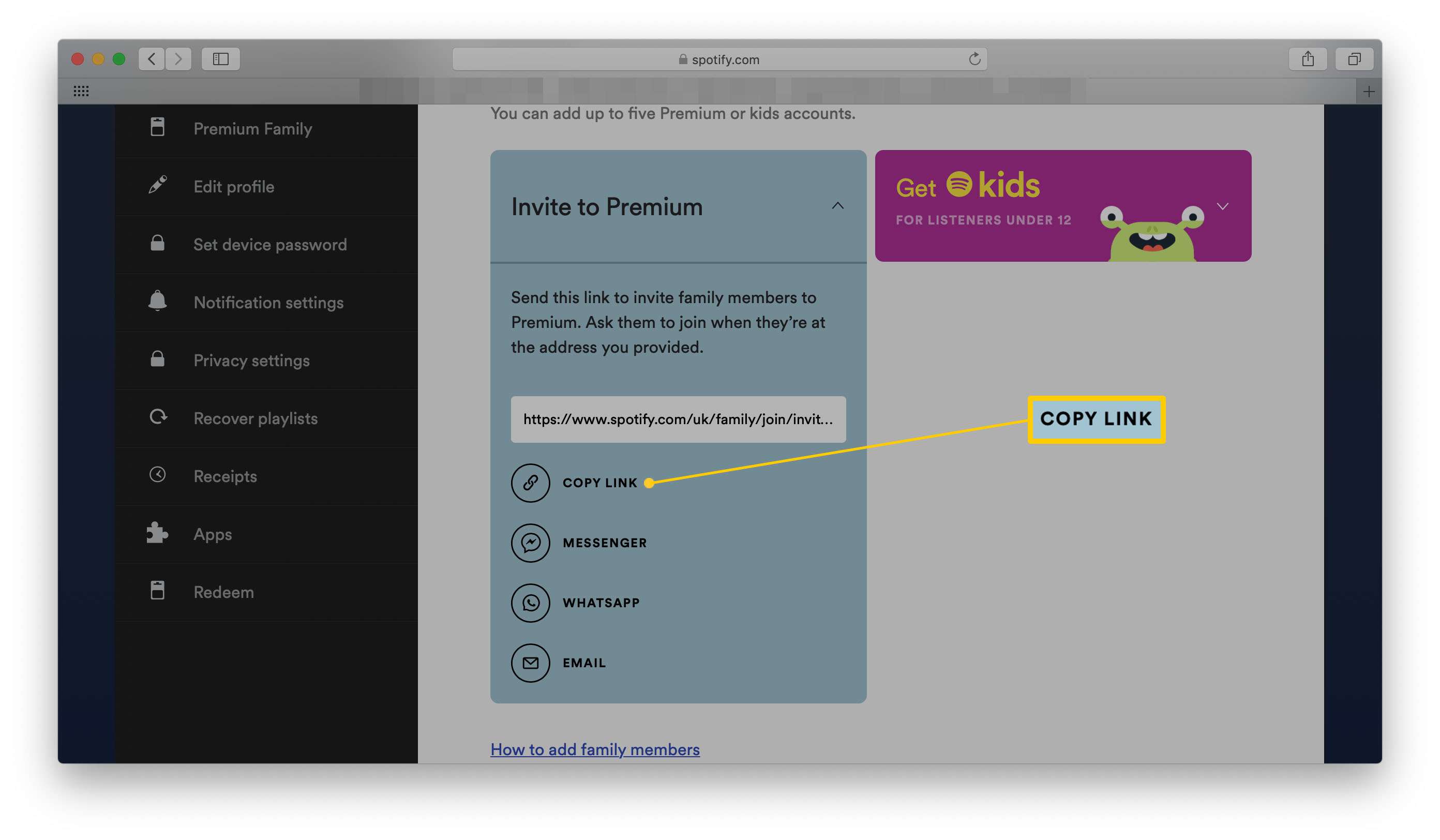 Stránka účtu Spotify Premium Family se zvýrazněným odkazem na kopírování pro pozvání někoho na prémii