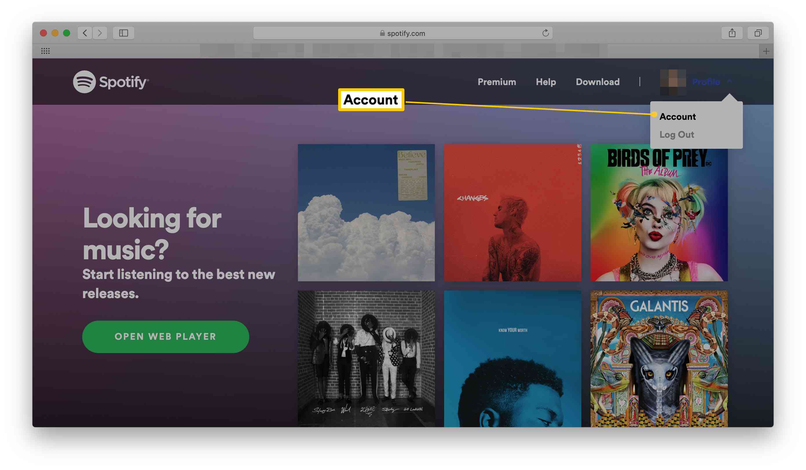 Domovská stránka Spotify se zvýrazněným účtem