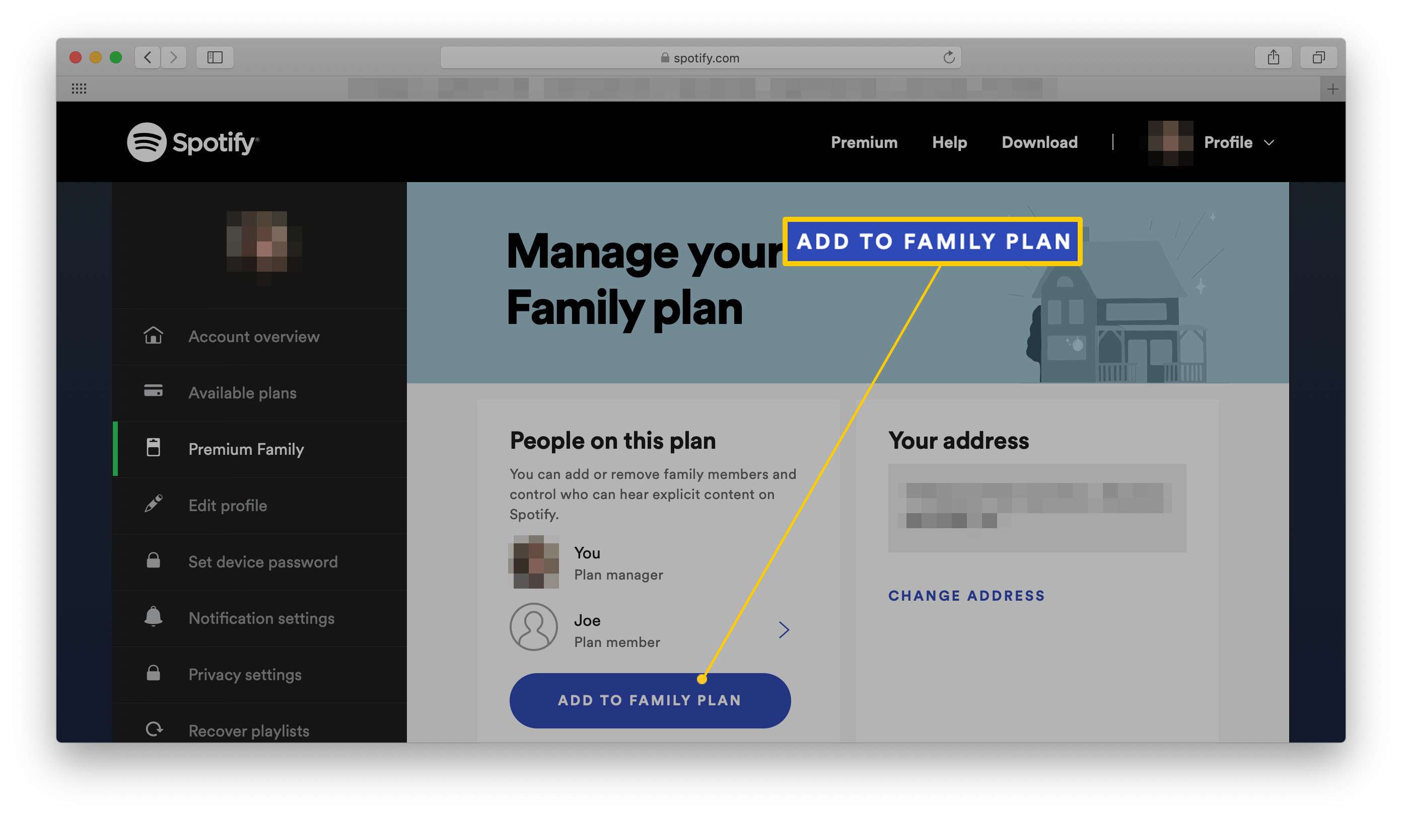 Nastavení účtu Spotify se zvýrazněním přidání někoho do rodinného plánu