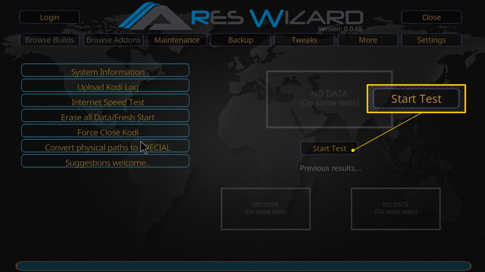 Tlačítko Spustit test na webové stránce Ares Wizard