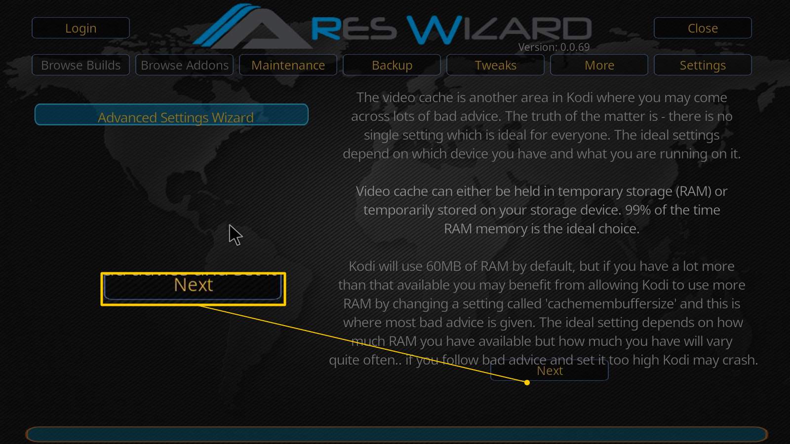 Tlačítko Další na webové stránce Ares Wizard
