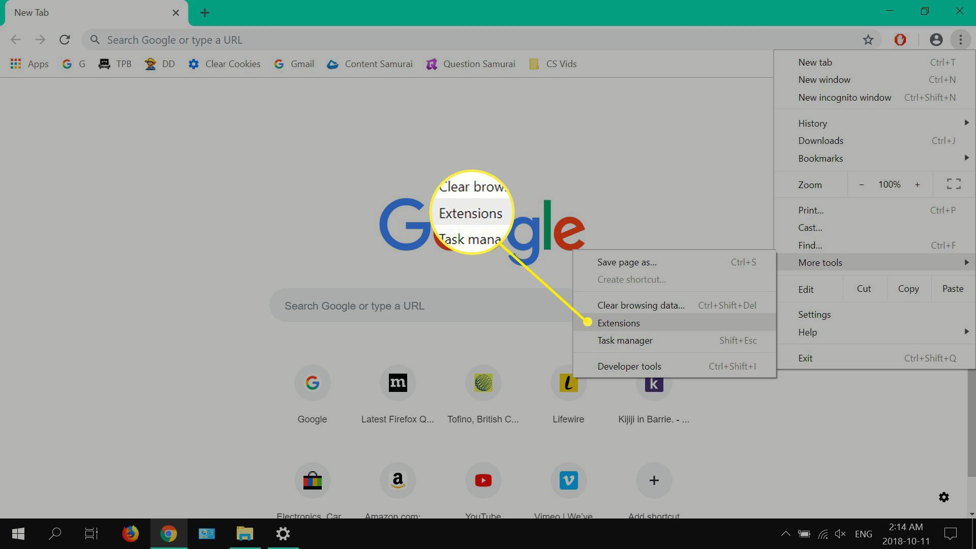 Hlavní nabídka prohlížeče Chrome.