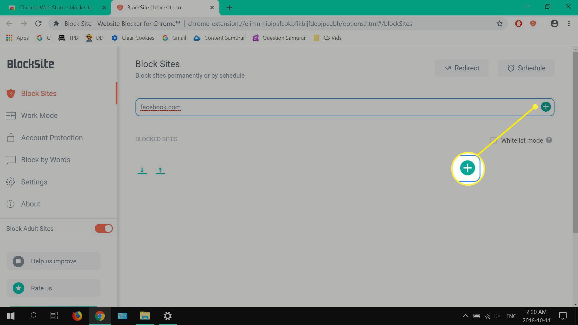 přidání adres webových stránek do seznamu bloků BlockSite.