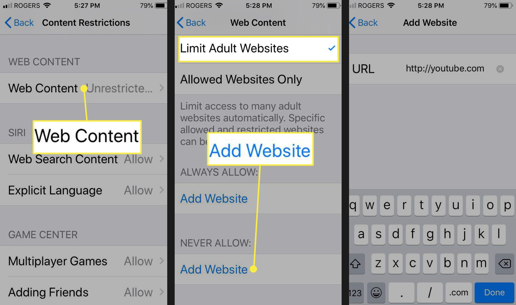 přidat adresu webu k omezenému webovému obsahu na iPhonu a iPadu.