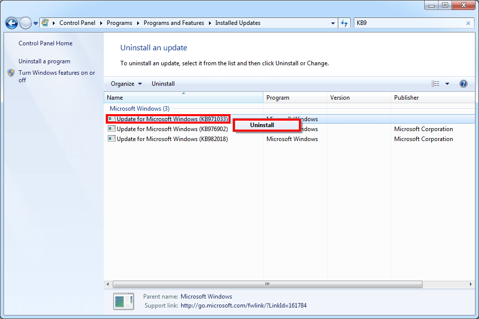 Screenshot ukazující, jak odinstalovat KB971033 ve Windows 7