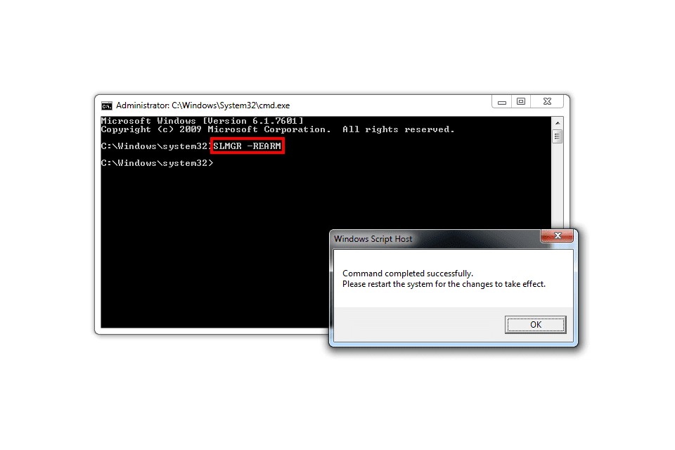 Screenshot příkazu 'slmgr -rearm' v příkazovém řádku systému Windows 7