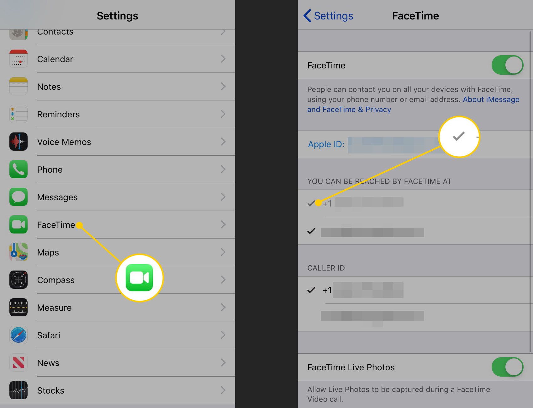 Obrazovka nastavení a obrazovka Facetime na iPhone
