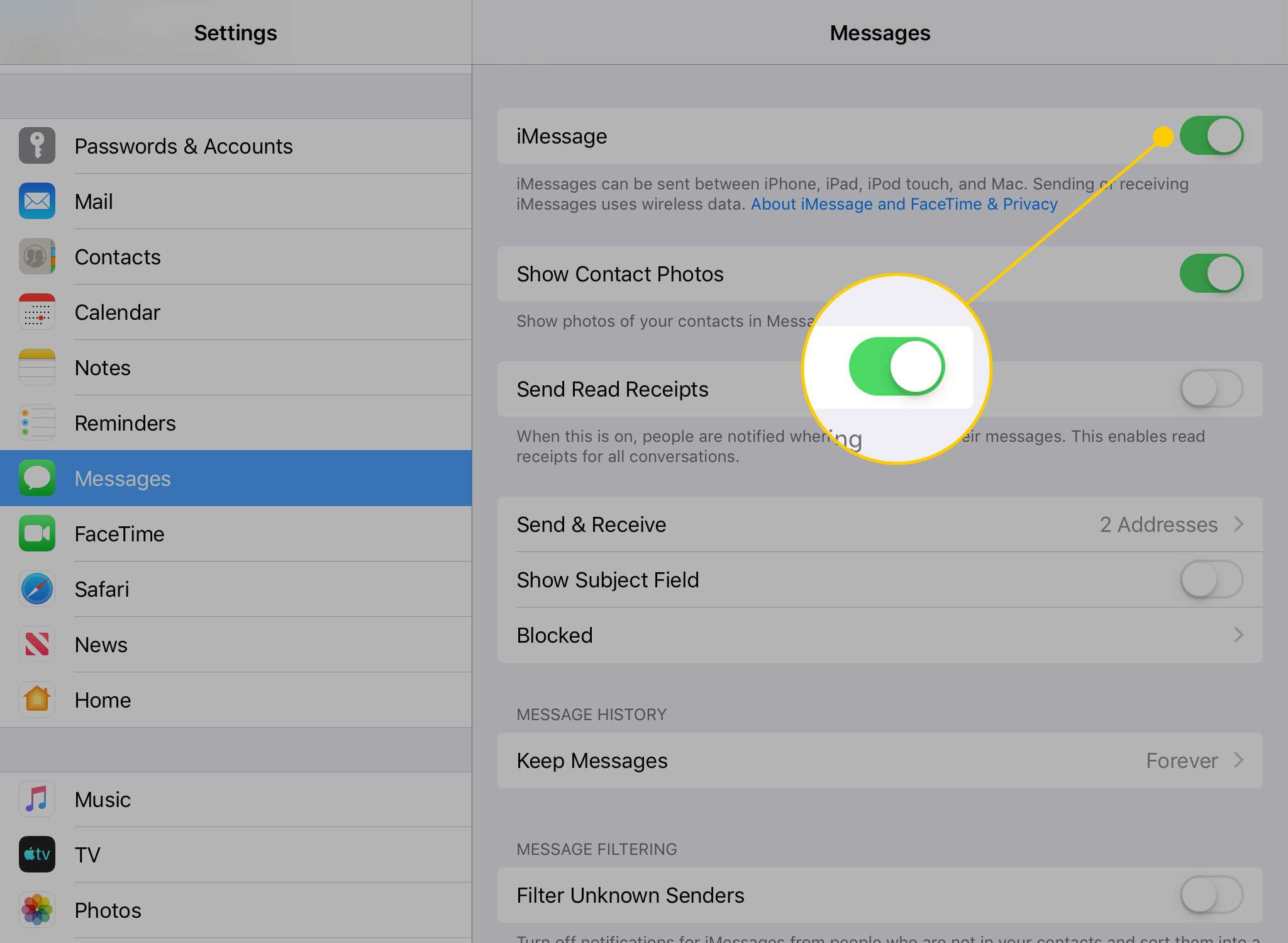 Selektor iMessages na obrazovce Zprávy na iPadu