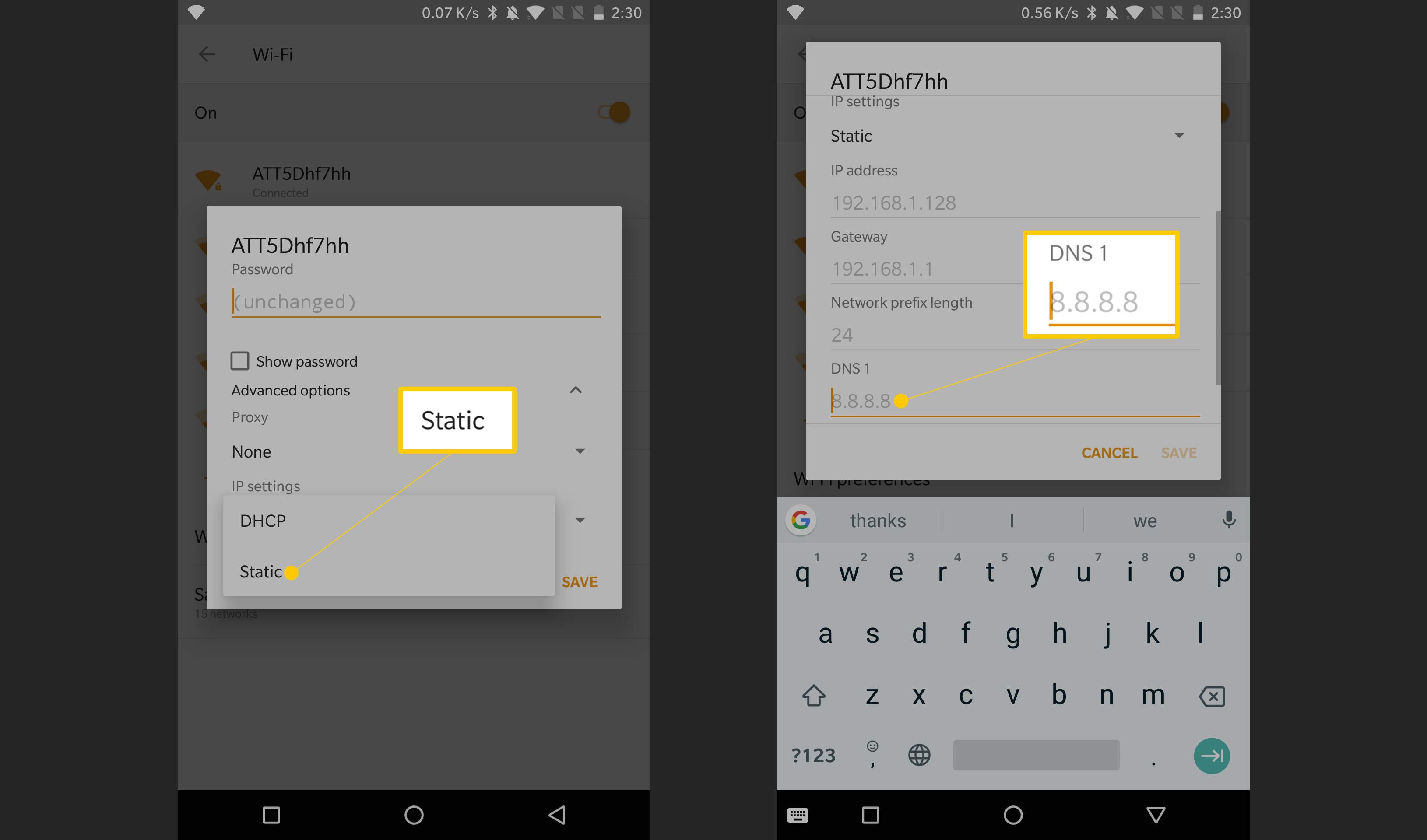 Dvě obrazovky Android 8 zobrazující statické oblasti a oblasti DNS