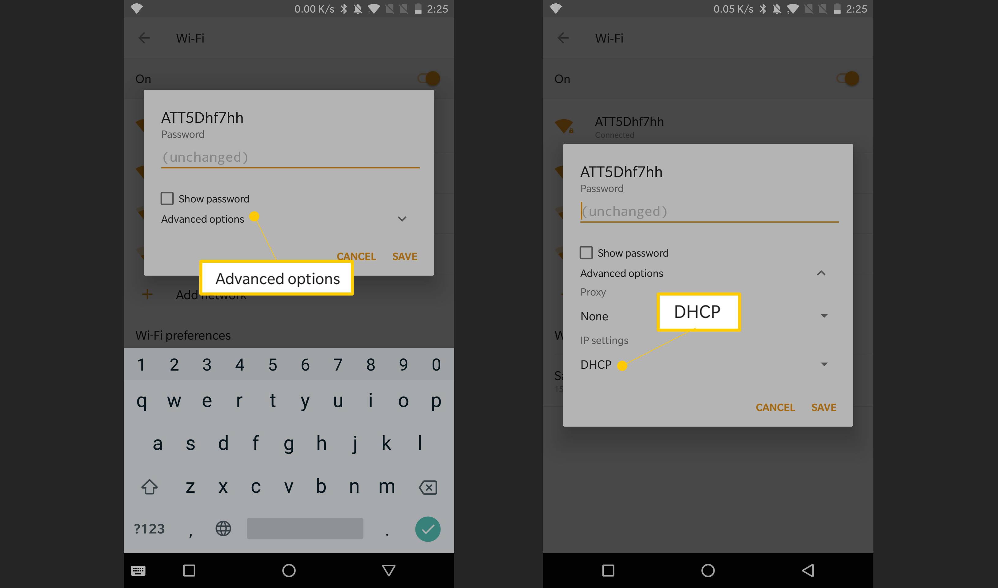 Pokročilé možnosti, tlačítka DHCP v nastavení systému Android 8