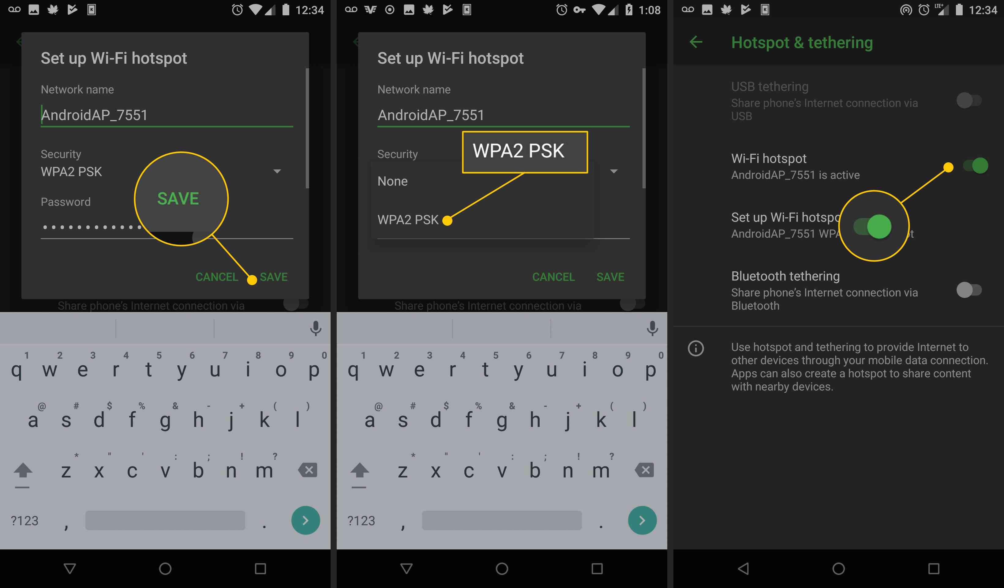 Tlačítko Uložit, možnost WPA2 PSK, Wi-Fi hotspot přepíná v nastavení systému Android