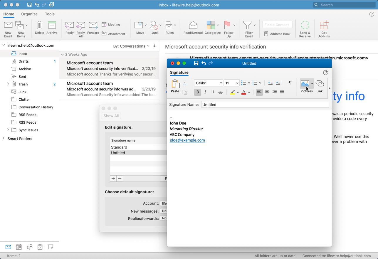 Outlook pro Mac vytvoří okno podpisu