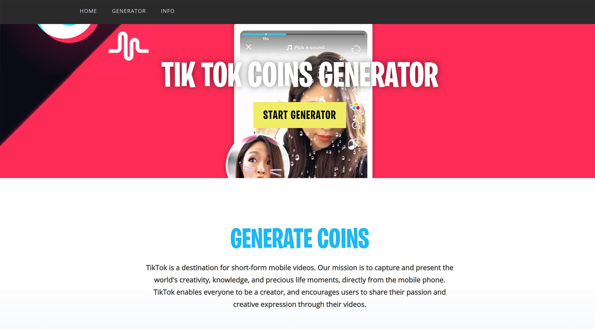Web generátoru TikTokCoins.club.
