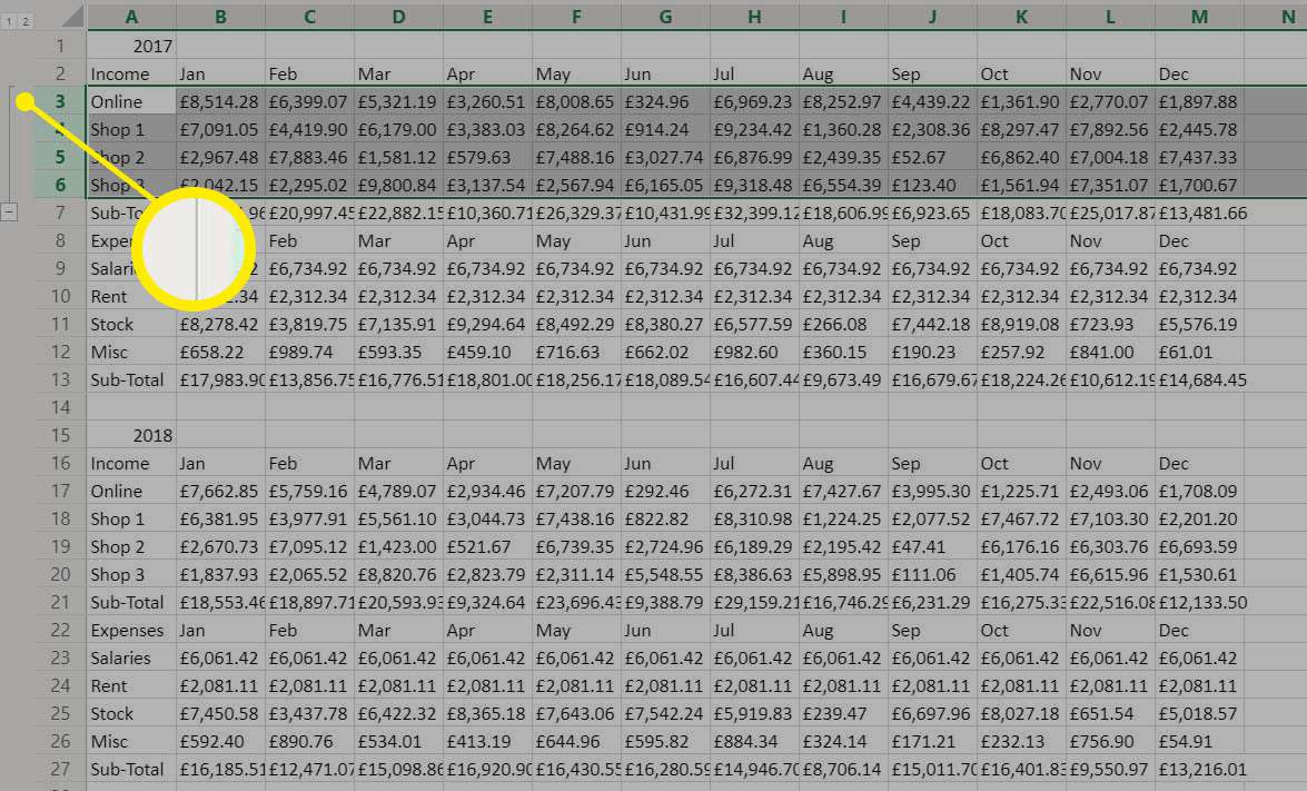 Seskupené řádky v aplikaci Excel