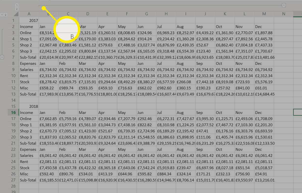 Seskupené sloupce v aplikaci Excel