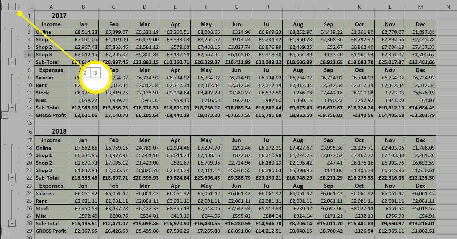 Všechny skupiny byly rozbaleny v aplikaci Excel