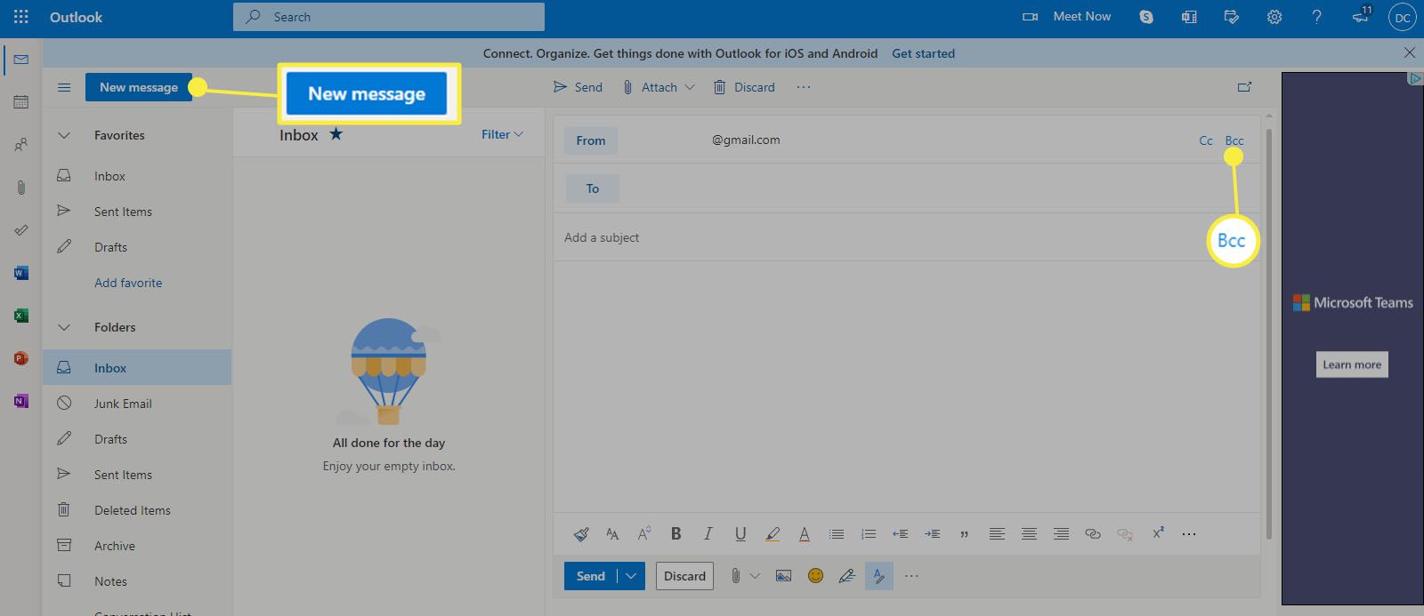 Outlook.com - Výběrem polí „Nová zpráva“ a „Skrytá kopie“ přidáte pole Skrytá kopie.