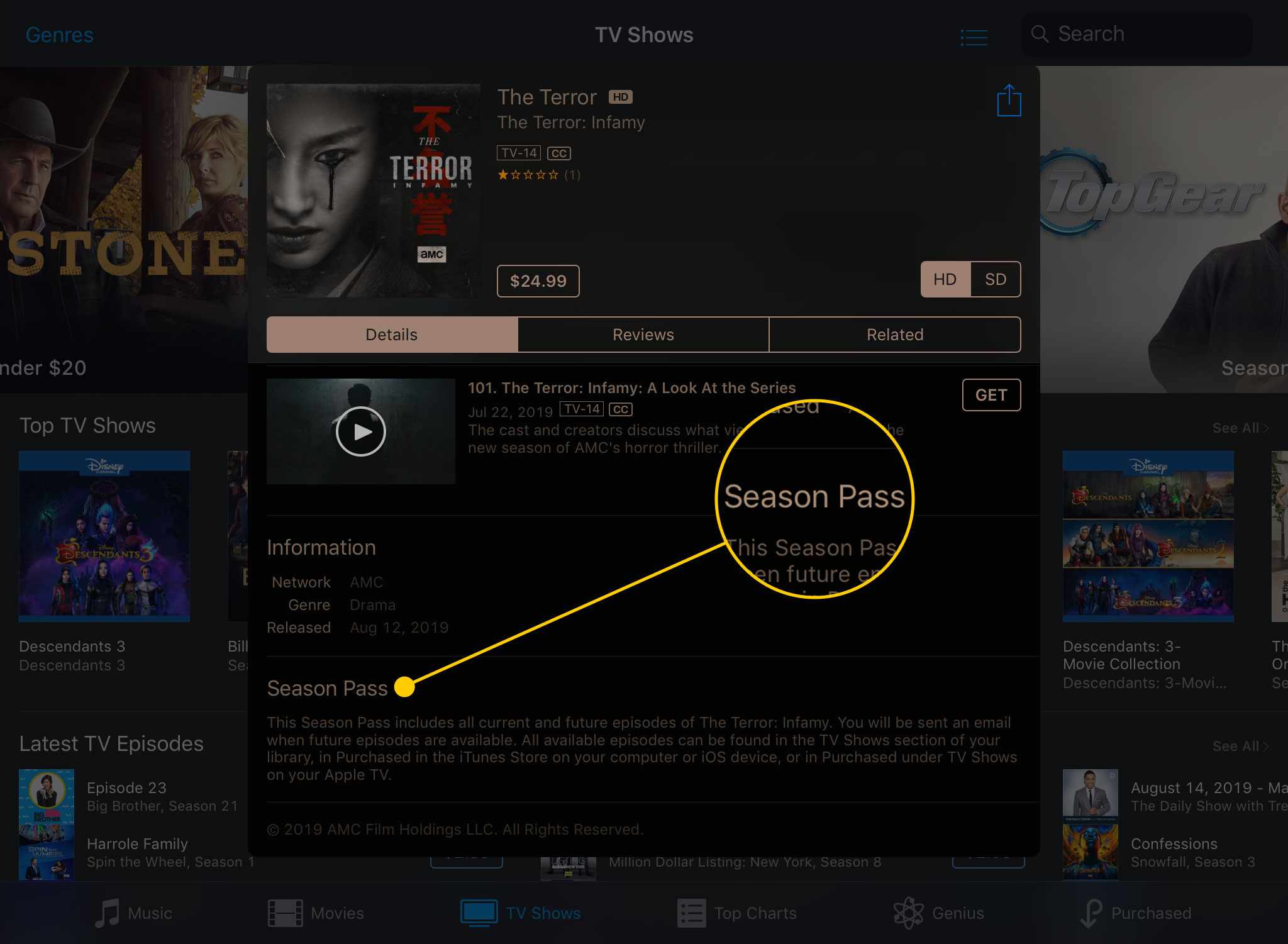 Stránka televizní show v aplikaci iTunes Store s "Season Pass" nadpis zvýrazněn