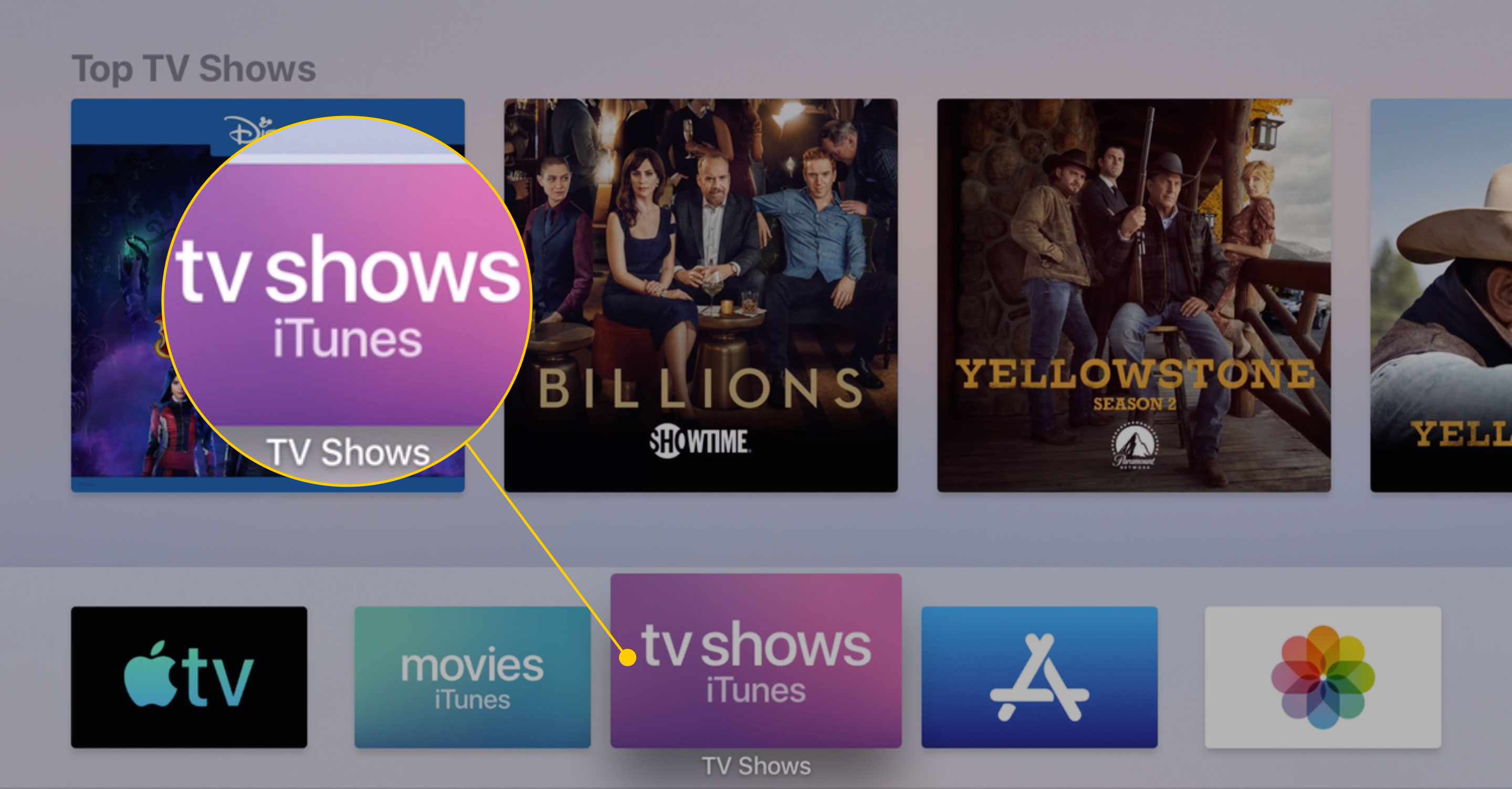 Domovská obrazovka Apple TV se zvýrazněnou aplikací TV Shows iTunes