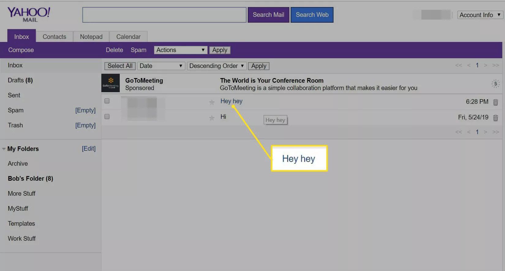 Vybraná e-mailová zpráva v Yahoo Mail Basic