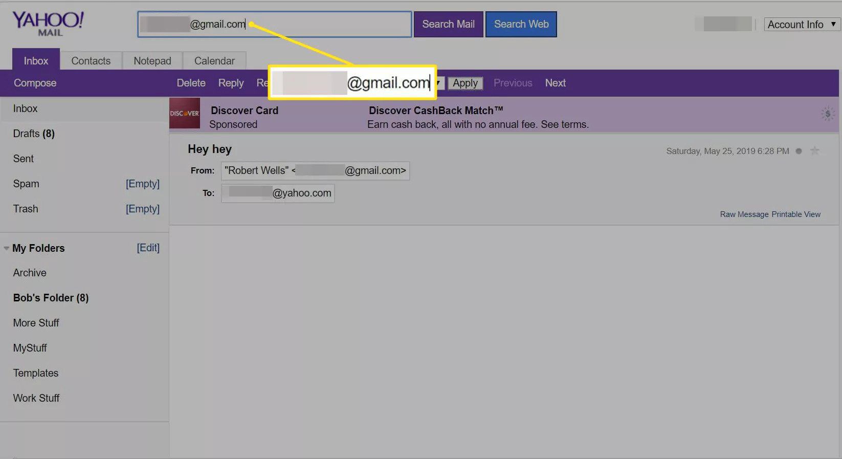 Vyhledávací pole v Yahoo Mail Basic