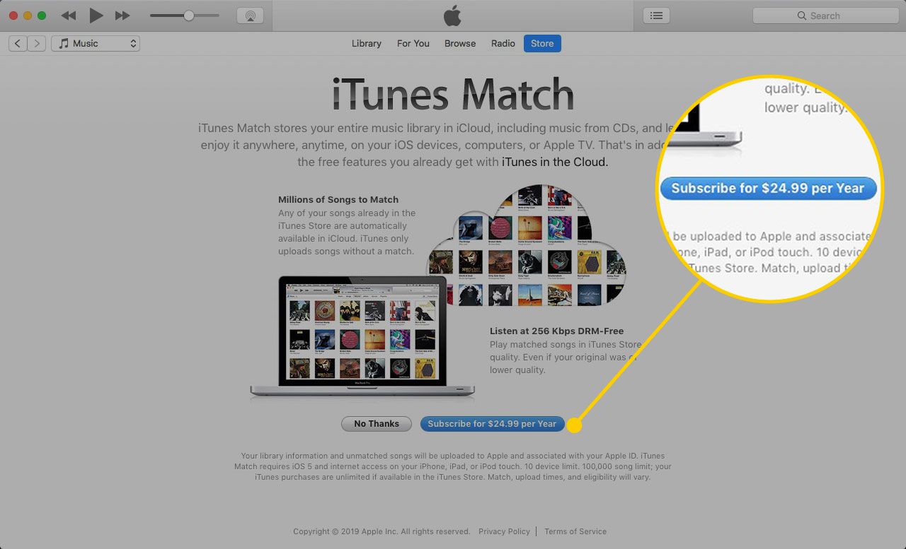 Obrazovka iTunes Match se zvýrazněným tlačítkem Přihlásit se k odběru