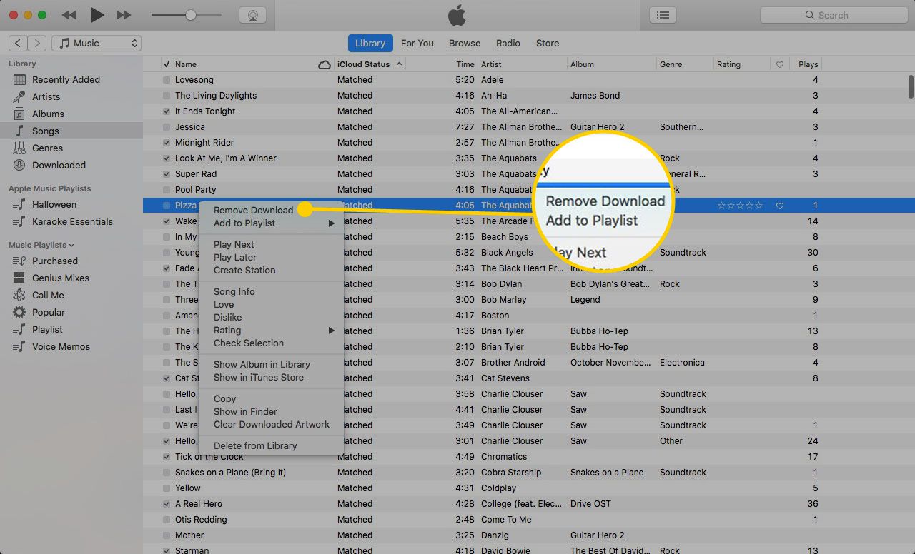 Nabídka skladeb iTunes se zvýrazněnou možností Odebrat stažení