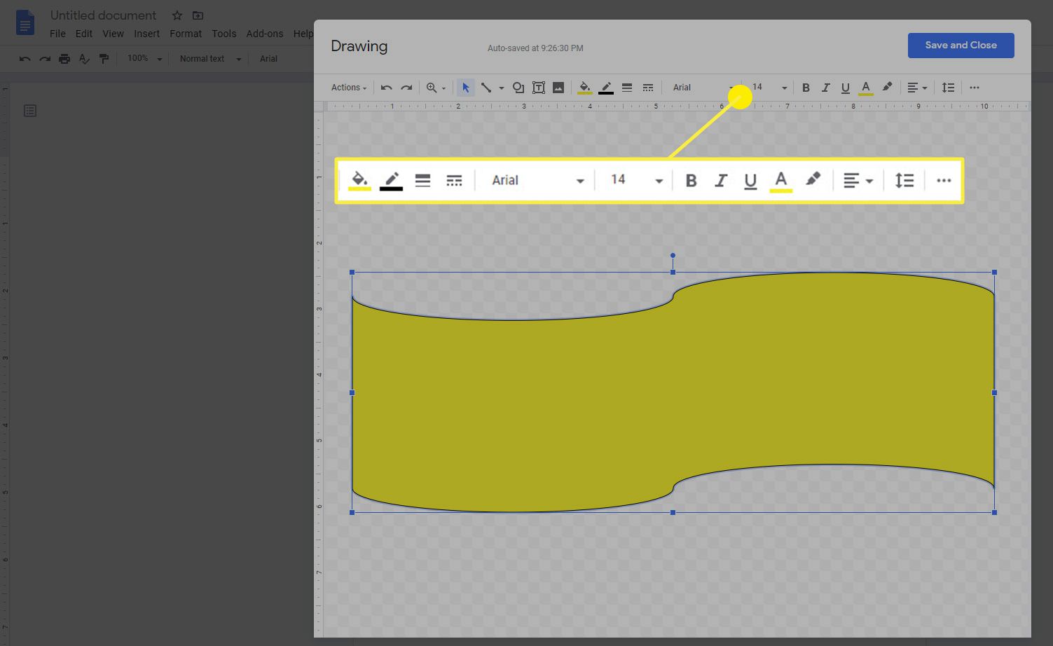Panel nástrojů kontextového tvaru ve funkci kreslení Dokumentů Google.
