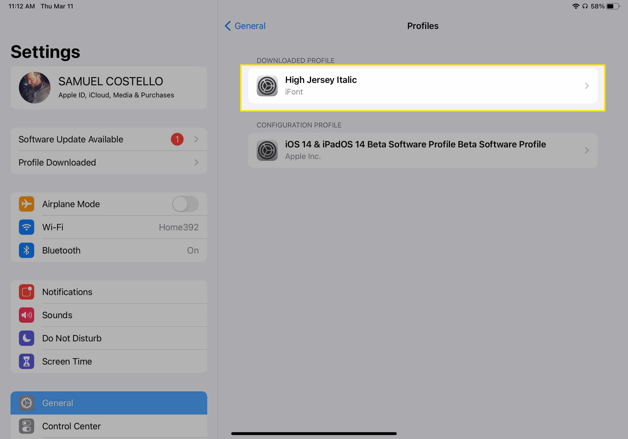 Nastavení iPadu se zvýrazněným profilem nově staženého písma
