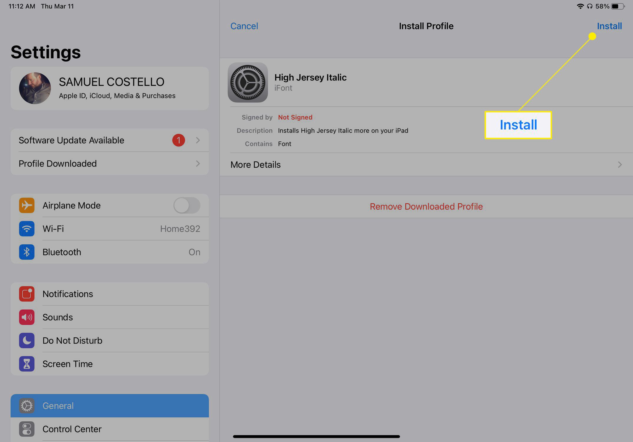 Nastavení iPadu s novým profilem písma a zvýrazněním Instalovat