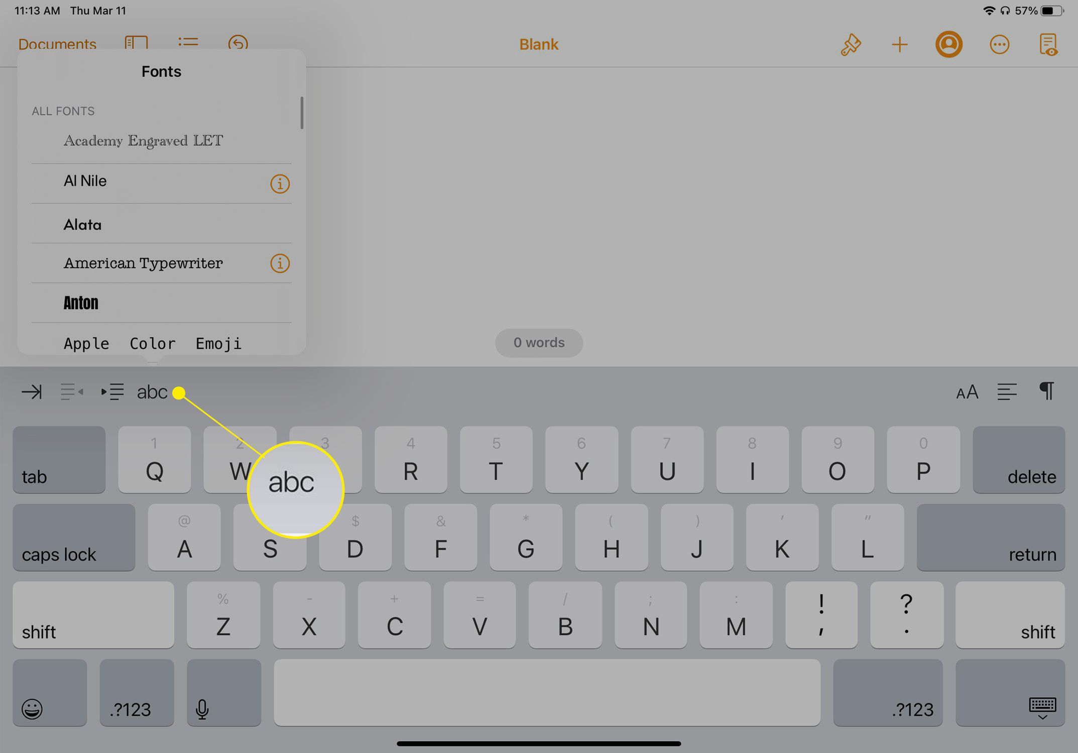 Aplikace pro psaní na iPadu se zvýrazněným tlačítkem ovládání písma
