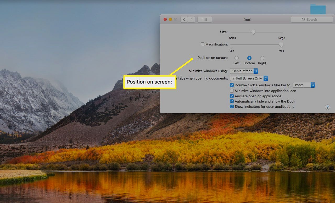 Nastavení doku na počítači Mac se zvýrazněnou možností Poloha na obrazovce
