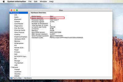 Systémové informace zobrazující identifikátor modelu Mac