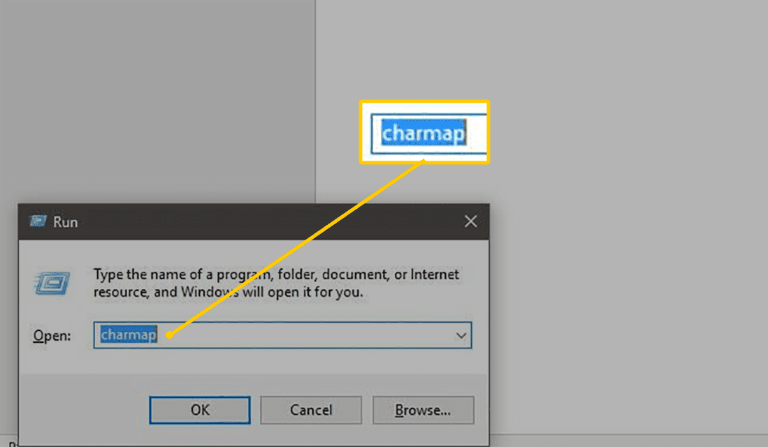 Charmap v Spustit applet ve Windows