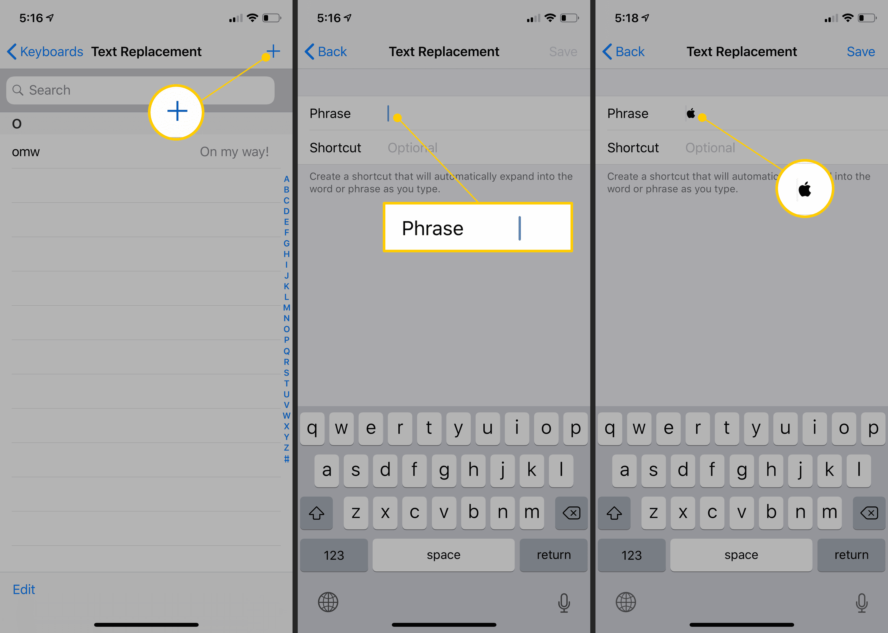 Tlačítko Plus, fráze k nahrazení, logo Apple v nastavení iOS