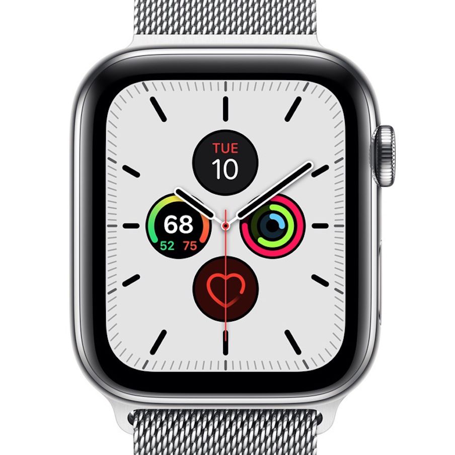 Apple Watch Series 5 ve stříbrné barvě ukazující domovskou obrazovku