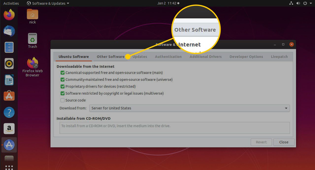 Karta Další software v části Software a aktualizace v Ubuntu