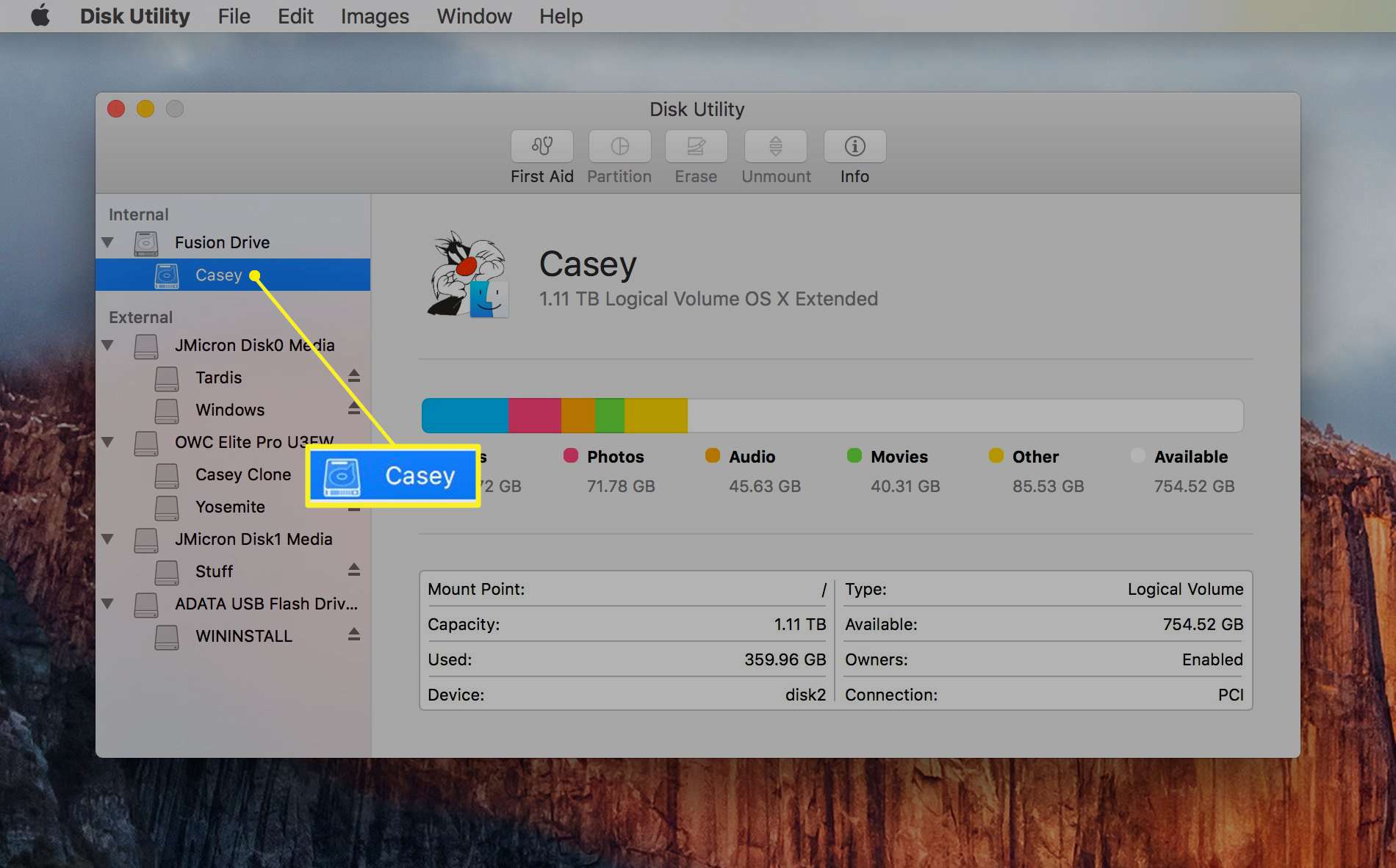 Disk Utility OS X El Capitan s vybraným pevným diskem