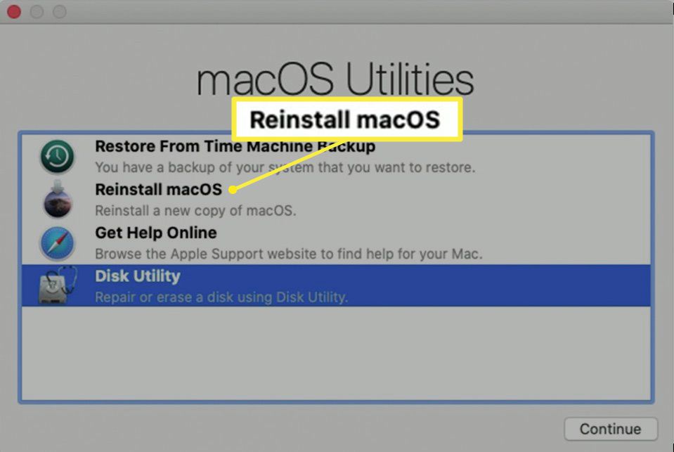 Přeinstalujte možnost macOS v okně macOS Recovery macOS Utilities