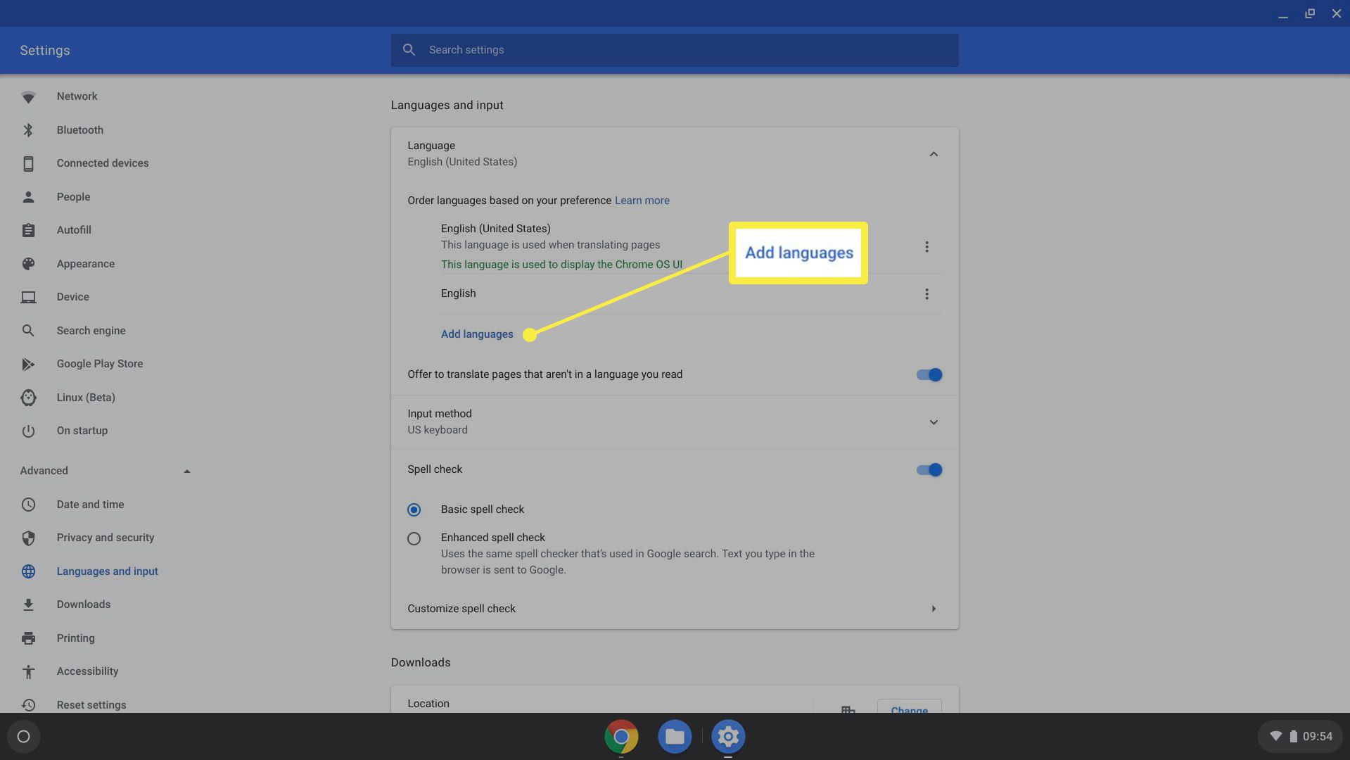 Možnosti nastavení systému Chrome OS s viditelným odkazem Přidat jazyky